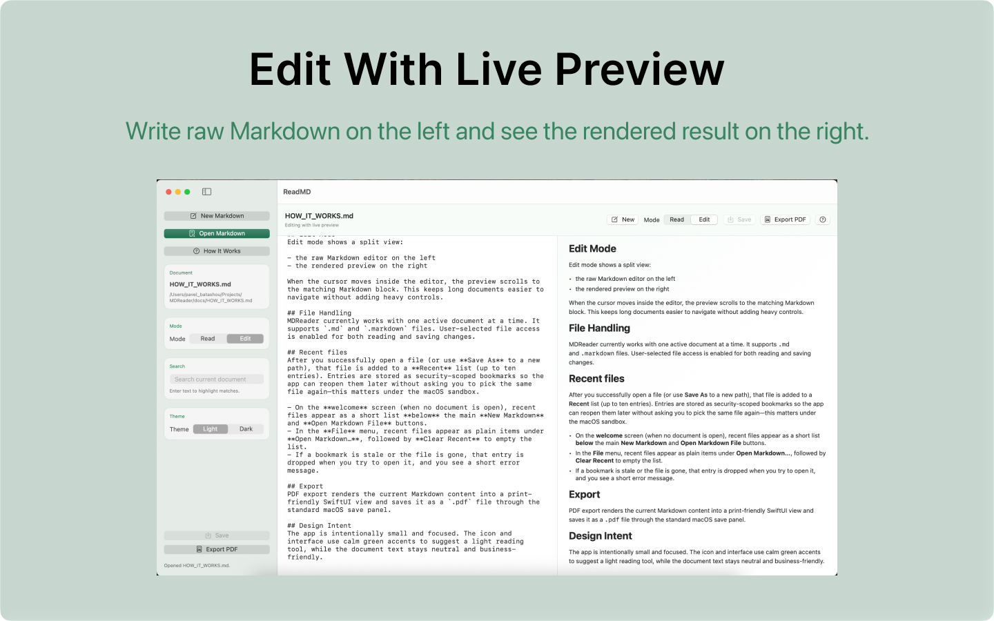 MDReader split edit mode with live preview